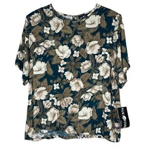 Sag‎ Harbor NWT Women's VTG Green Floral Round Neck Blouse Shirt Sleeve Size L